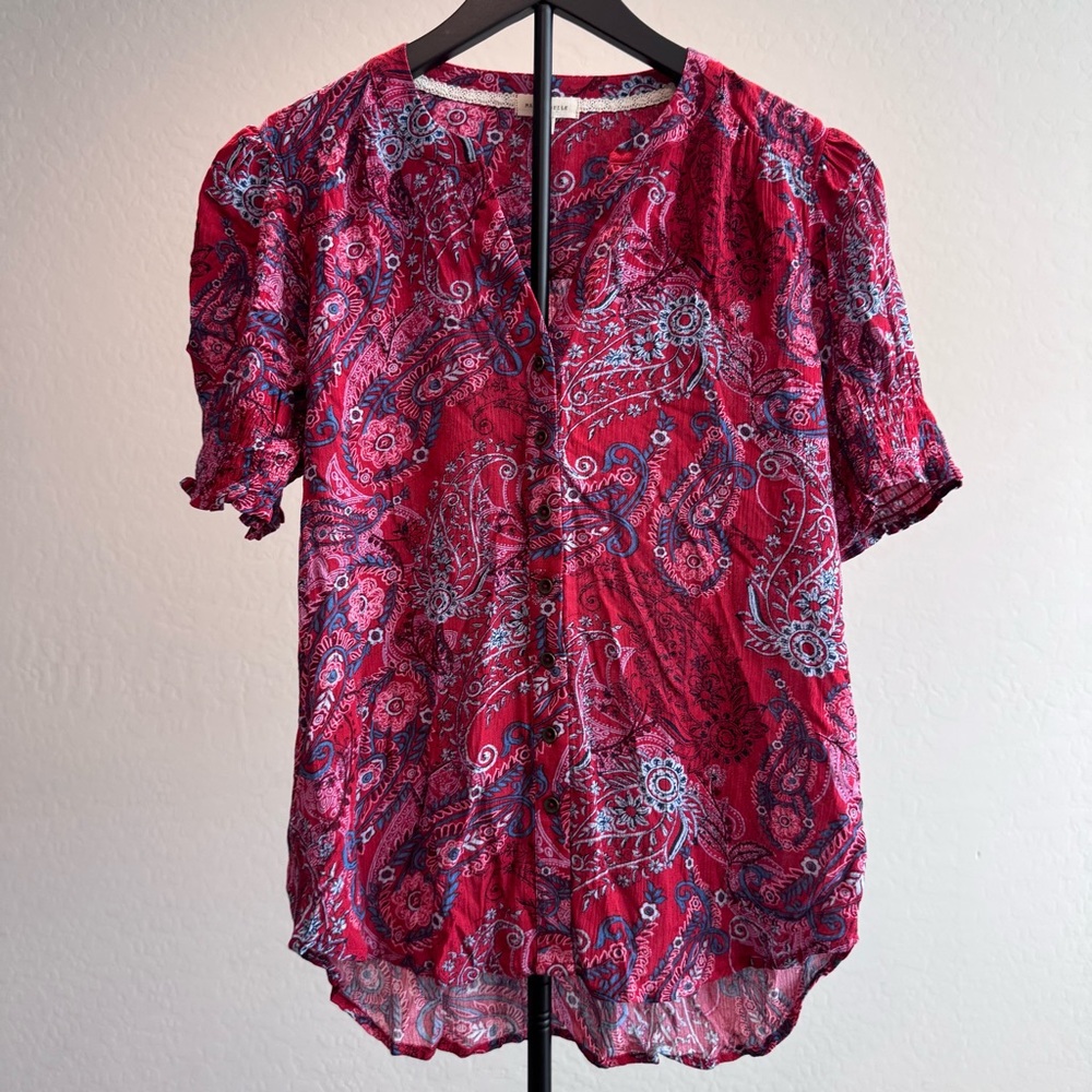 Mason & Belle Vibrant Paisley Blouse Smocked Sleeves, V Neck, Size‎ Small